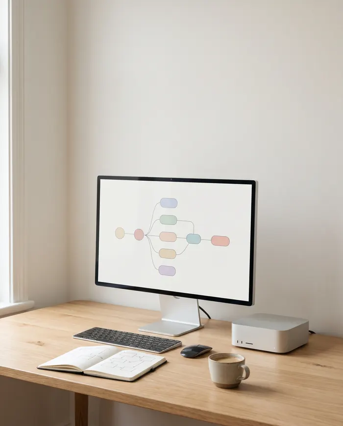 Development desk with a monitor showing a diagram of connected AI agents beside a compact desktop computer