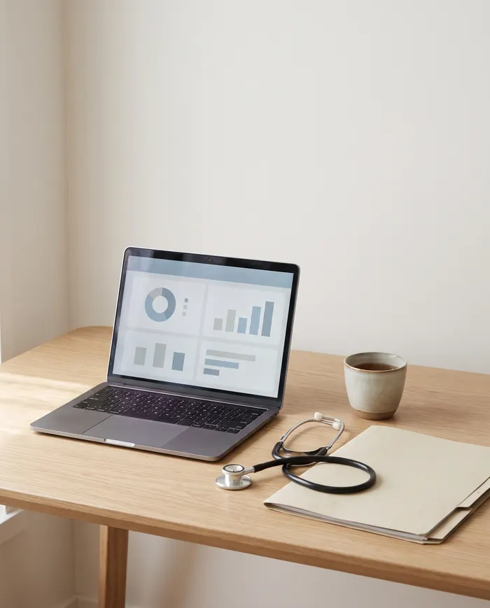 Clinical workspace with a stethoscope beside a laptop showing a healthcare dashboard