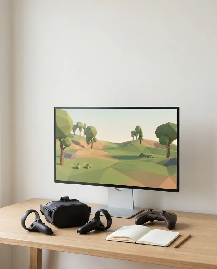 Creative studio desk with a VR headset, controllers and a monitor showing a 3D scene